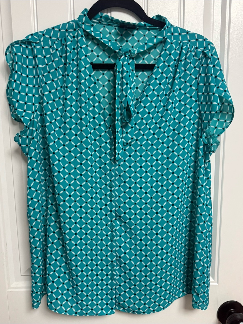 Worthington Teal Geometric Tie-Neck Blouse